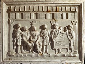 Romersk kunst: lavrelieff som representerer et stoff og billedvev. Fra en original fra det 2. århundre e.Kr. Roma Museo della Civilta Romana av Roman Roman