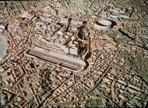Romersk kunst: modell som viser byen Roma under antikken. I sentrum reserver Circus Maximus eller Grand Circus seg for tankløp. Roma, Museo della Civilta romana - romersk kunst. Circus Maximus og etruskiske murer. Detalj fra rekonstruksjonsmodellen