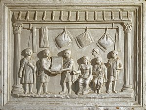 Romersk kunst: form som representerer et stoff og billedvev. Fra en original fra det 2. århundre e.Kr. (lavt relieff) av Roman Roman