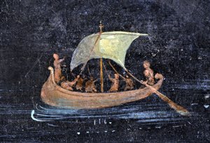 Romersk kunst: elvescene - båt og sjømenn på en elv (elv) - fragment av en freskomaleri fra Pompei bevart ved det arkeologiske museet i Napoli, Italia - Museo Archeologico Nazionale, Napoli, Italia - Foto Patrice Cartier - av Roman Roman
