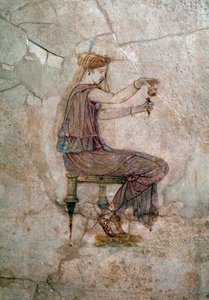 Romersk kunst: kvinne som sitter og skjenker parfyme i en vase Veggmaleri, 25 e.Kr. Fra Villa della Farnesina (romersk kunst: kvinne hellet parfyme i en vase, fra Casa della Farnesina, 25 e.Kr.) Roma, Palazzo Massimo alle Terme, National Roman Museum av Roman Roman