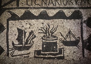 Romersk handelsflåte og fyrtårn, gamle Ostia (Ostia), Piazza delle Corporazioni. av Roman Roman