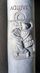 Den hellige Akilles, romersk martyr på 400-tallet, halshugget av Cæsar fordi han ikke ønsket å avlegge en ed fordi han var kristen. Lavt relieff av katakombene fra Santa Domitilla til Roma. av Roman Roman