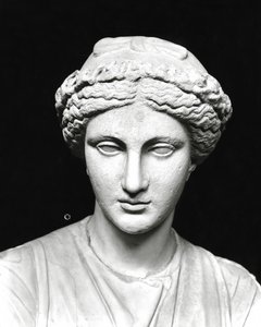 Statue av Clio som holder en rulle, detalj av hodet (stein) (s/hv-bilde) (se også 161938) av Roman Roman