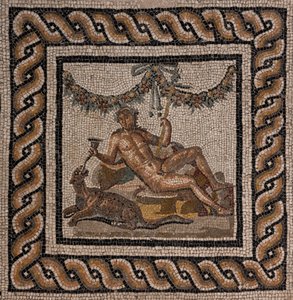 Huset til Dionysos, en av de romerske domusene til Ortaglia: detalj av mosaikkgulvet som representerer Dionysos og panteren (mosaikk) av Roman Roman