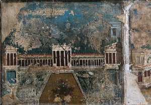 Tredje stilfreskomaleri som viser arkitektonisk landskap, detalj av bygningen avgrenset av søylegang, fra Pompei av Roman Roman