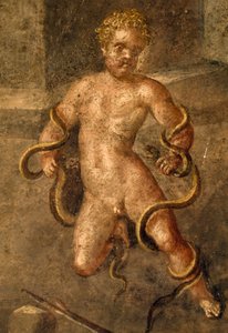 Unge Heracles kveler slanger, detalj av freskomaleri fra oecus i House of Vettii, Pompeii (UNESCOs verdensarvliste av Roman Roman