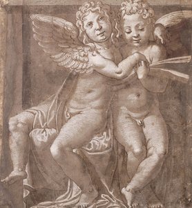 To sittende engler synger, etter Polidoro da Caravaggio (penn og brunt blekk brun vask med hvitt på gråblått papir)