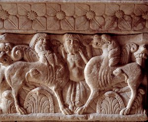 En kentaur og en løve, skåret hovedstad i tribunen til Priory av Romanesque