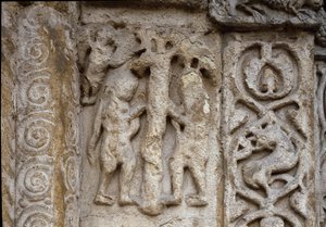 Adam og Eva. Detalj av fasaden til basilikanen, tidlig på 1100-tallet (relieff) av Romanesque