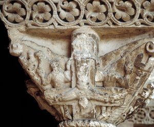 Kapital som representerer St Peter på korset hans (skulptur av Romanesque