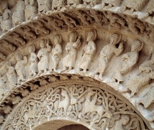 Detalj av skulpturer av sørportalen av Romanesque