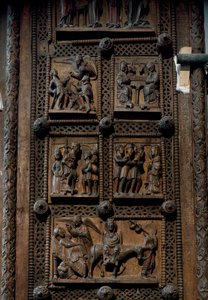Romansk kunst: tredør fra midten av 1100-tallet til kirken St. Mary of the Capitol i Köln, Tyskland (Sankt Maria im Kapitol, Köln). Scener som skildrer kunngjøringen til hyrdene, fødselen, tilbedelsen av magiene og av Romanesque