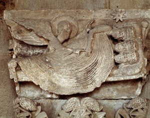 Magiene sov med en engel som vekker dem og peker mot stjernen i Betlehem (utskåret hovedstad) av Romanesque