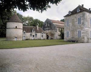 Utsikt over dueslag, kirke og abbedbolig av Romanesque