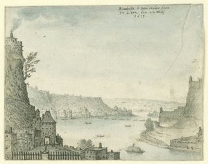 Utsikt over en by ved en elv av Rombout van den Houte