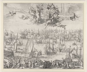 Reisen til Willem III til England, 1688 Sea Journey uyt Hellevoet Sluys av SKH Wilhem Henrik Av G. Ga. Prins av Orangeie Erfstadh. Lokk. og Adm. Gene. van De vereenigde staet / For restaurering av grunnlovene og sann religion i Engelant Sch av Romeyn de Hooghe (attributed to workshop of)