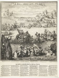 Tegneserie av inntak av sølvflåten ved Vigo, 1702 Forbudet og ankomstforbudet i sjøen (tittel på objekt) Forbudet og ankomstforbudet i havet ved Vigos (tittel på objekt) av Romeyn de Hooghe (possibly)