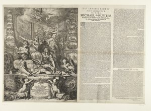 Allegori om Michiel de Ruyters død, 1676 Het Leven en Bedryf van den Ed: Manhaften Heer, Den Heer Michaël de Ruyter Ridder av St. Michiels orden, &c. Lt. Generaladmiral av Hollandt og West-Vrieslandt (tittel på objekt) av Romeyn de Hooghe