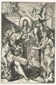 Allegorisk frontispice med portrett av William III Ankomst av kong William i Holland (tittel på objekt) av Romeyn de Hooghe