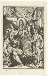 Allegorisk frontispice med portrett av William III Voyage de sa Majeste Britannique en Hollande (tittel på objekt) av Romeyn de Hooghe