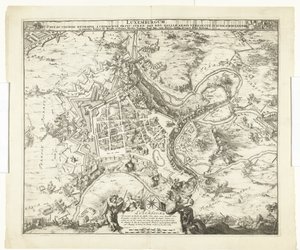 Bombardement av Luxemburg fra maarschalk de Créquy, 1684 Luxemburg, leder. etternavn metropol en chimacens-prins stren def. reg. Men Gaulske armer okkuperte ham. 4. juni Ao. 8834 (tittel på objekt) av Romeyn de Hooghe