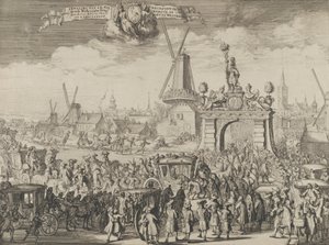 Vilhelm III:s inntog i Haag Inhaling van S.K. Maj. aende Westeynder brug dør ..., 1691. av Romeyn de Hooghe