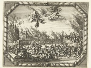 Franske grusomheter i Bodegraven og Zwammerdam, 1672 Spiegel der France Tirannye bønnfalt ved Hollantsche Dorpen (tittel på objekt) av Romeyn de Hooghe