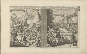 Leger i Arclada; Jesuitt barbert av en bommester i Golkonda Guerisons infames des Arclades / Rude Healings // Roi de Golconde, Douane, etc / Tolrecht, en Cases (tittel på objekt) Les Indes Orientales et Occidentales et autres av Romeyn de Hooghe