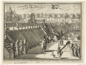 Utsikt (fra siden) av en terrassefoss i parken Paleis Het Loo The Terrace Cascade på siden (tittel på objekt) Utsikt over Paleis Het Loo, de tilhørende bygningene og den tilhørende parken (serietittel) av Romeyn de Hooghe
