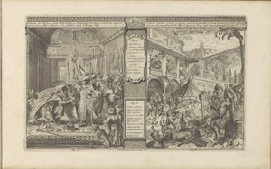Historien om en embetsmann i Persia; Tid med meksikanerne Persisk historie / Histoire de Perse // Fjærmalerikunst / Art de peindre chés les Mexiquains (tittel på objekt) Les Indes Orientales et Occidentales et autres lieux (serietittel) av Romeyn de Hooghe