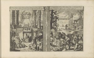 Hof van de Tartaarse keizer; Braziliaanse Tapoeiers bereiden hun voedsel Tartarische Keyzer / Empereur des Tartares et sa magnificence // Brasiliaensche Kledingen / Brasiliens, Tapuyers, etc (title on object) Les Indes Orientales et Occidentales et autre   av Romeyn de Hooghe
