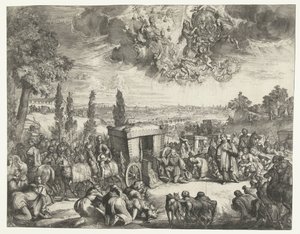 Karl II av Spania kneler ved en vogn av Romeyn de Hooghe