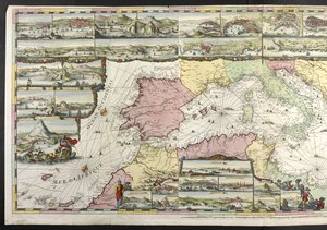 Kart over Middelhavet med allegoriske figurer og sjømonstre som pynter på innleggene, fra 