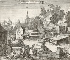 Sorg på den portugisisk-jødiske kirkegården til Beth Haim av Ouderkerk på Amstel i Nederland - Gravering av Romeyn de Hooghe (1645-1708)