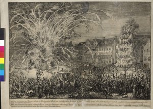 Nattlig fyrverkeri på Rue des Sablons i Brussel 1686 (etsing) av Romeyn de Hooghe