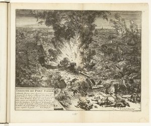 Sprengning av skipsbroen til Parma over Schelde, 1585 Deroute du Pont Farnese (tittel på objekt) Guerres de Flandres (serietittel) av Romeyn de Hooghe