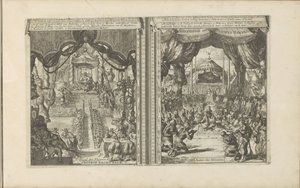 Rechtbank i Kina en Abbesinië Kinesisk rechtbank / tribunal des Chinois // Abyssinise Gerichts Handel / Justice des Abissins (tittel på objekt) Øst- og Vestindia og andre steder (serietittel) av Romeyn de Hooghe
