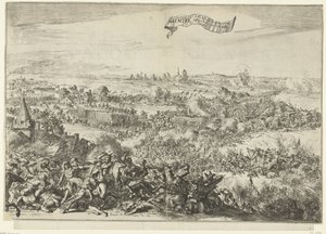 Slaget ved Seneffe, 1674 Seer rasende Attacque forvandles til en Bataille mellom Armies of the Geallie. en der Fransen (tittel på objekt) Beskrivelse av Furieuse Attacque der Franssen, On the Bagagie of the Army of the Allies: Blir til en sc. av Romeyn de Hooghe