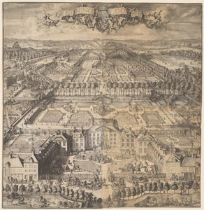 'T Konings Loo (tittel på objekt) Utsikt over Paleis Het Loo, tilhørende bygninger og tilhørende park (serietittel) av Romeyn de Hooghe