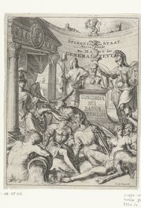 Titteltrykk for del 2 av 'Spiegel van Staat' av Romeyn de Hooghe Spiegel van Staat. Inneholder kraften til generaliteten (tittel på objekt) av Romeyn de Hooghe