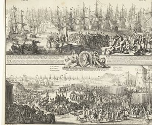 Reise til William III til England, 1688 Avgang av S.K.H. etter England, den 11. nov. 1688 / Ankomst av S.K.H.D.P. av Orange i England, 15. og 16. nov. 1688 (tittel på objekt) Avdeling for S.A.R. pour Angleterre, Le 11. No. 1688 / Arrival de S.A av Romeyn de Hooghe