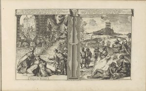 Tribunaal i Perzie; Khoikhoi i Guineers Court of the Persians // Hottentots in Guineesche / Hottentots and Inhabitants of Guinea (tittel på objekt) Øst- og Vestindia og andre steder (serietittel) av Romeyn de Hooghe