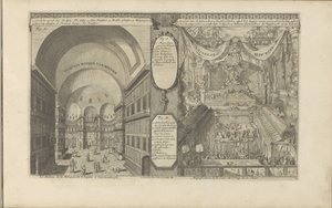 tyrkisk moske i Konstantinopel; Keizerlijkhof i Kina Turksche håner van binnen / Interiøret i S. Sophia-moskeen, i Konstantinopel // Kinesisk Hof Pomp / Prakt ved domstolen i Emp. fra Kina. (tittel på objekt) Øst-India og O av Romeyn de Hooghe