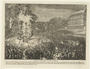 Fyrverkeri i slottshagen, 1686 Castrum Triumphi Lucens et Ardens (tittel på objekt) Leopold I:s inntreden i Brussel etter å ha beseiret tyrkerne, 1686 (serietittel) av Romeyn de Hooghe