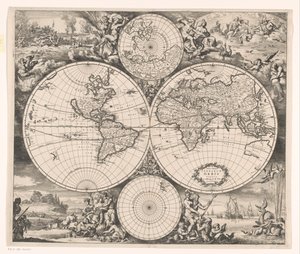 Verdenskart med en allegori over de fire elementene Nova totius terrarum orbis tabula (tittel på objekt)