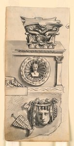 Design for en hovedstad, sarkofag og relieff av Romolo Achille Liverani