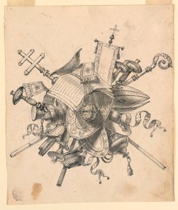 Tegning, trofé med kirkelige gjenstander, 1830–1850 av Romolo Achille Liverani