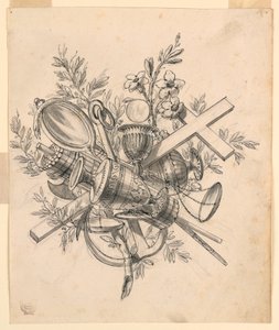 Tegning, trofé med symboler for dydene, 1830–1850 av Romolo Achille Liverani