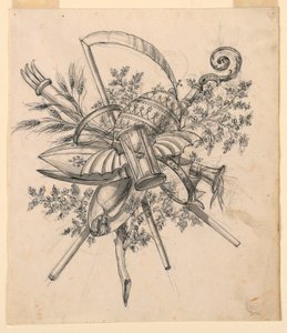 Tegning, trofé med vinget timeglass, 1830–1850 av Romolo Achille Liverani